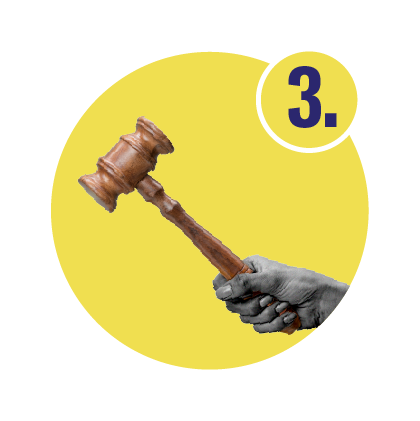 A person holds a gavel over a yellow circle with the number 3 in the top right corner.