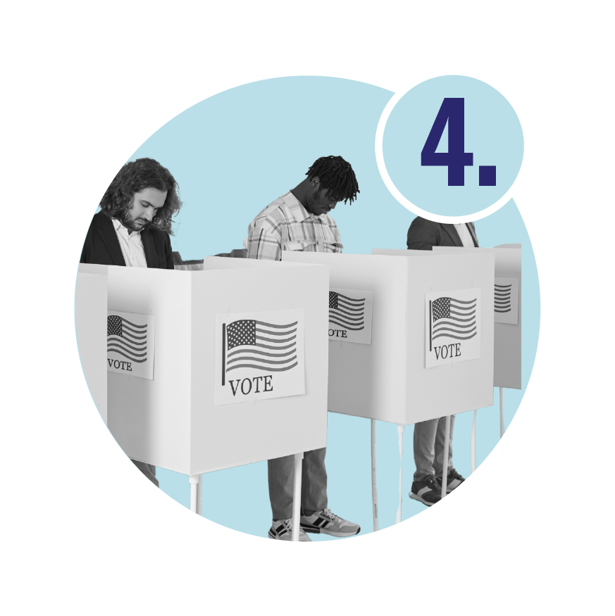 three people stand at their voting station to fill out their ballot. behind them is a blue circle. in the top right corner is a circle with the number four.