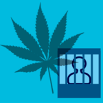 Marijuana leaf and silhouette of person in jail