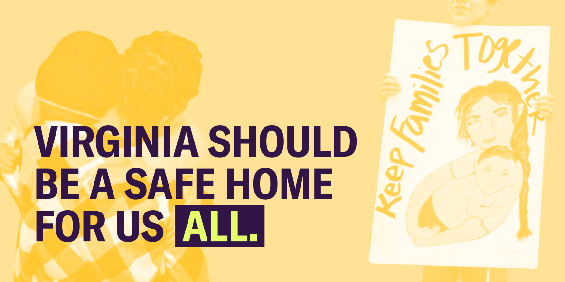 Over a yellow background featuring two people engaging in a hug and another person holding up a sign that says "Keep families together."