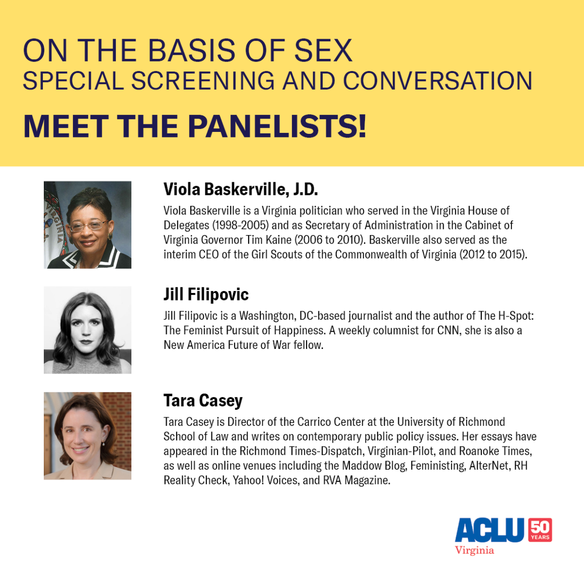 OTBOS - Meet the Panelists.png Bios and profile pictures of our panelists for the conversation following On The Basis of Sex movie screening