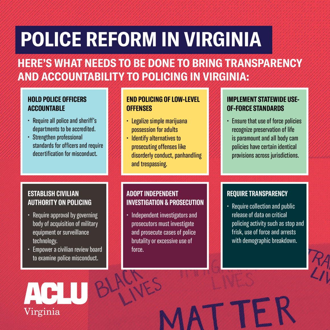 a graphic outlining the ACLU-VA's proposal for police reform