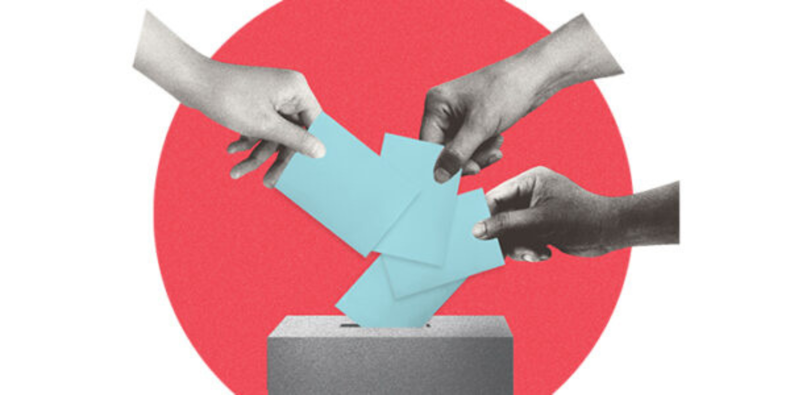 graphic with hands dropping ballots into a box
