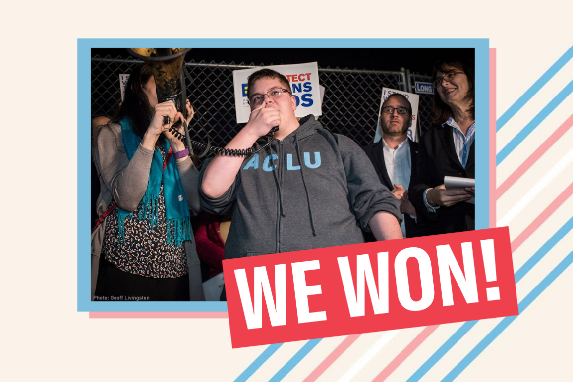 graphic of Gavin Grimm at a protest in 2016, over an off-white background with trans flag color stripes. 