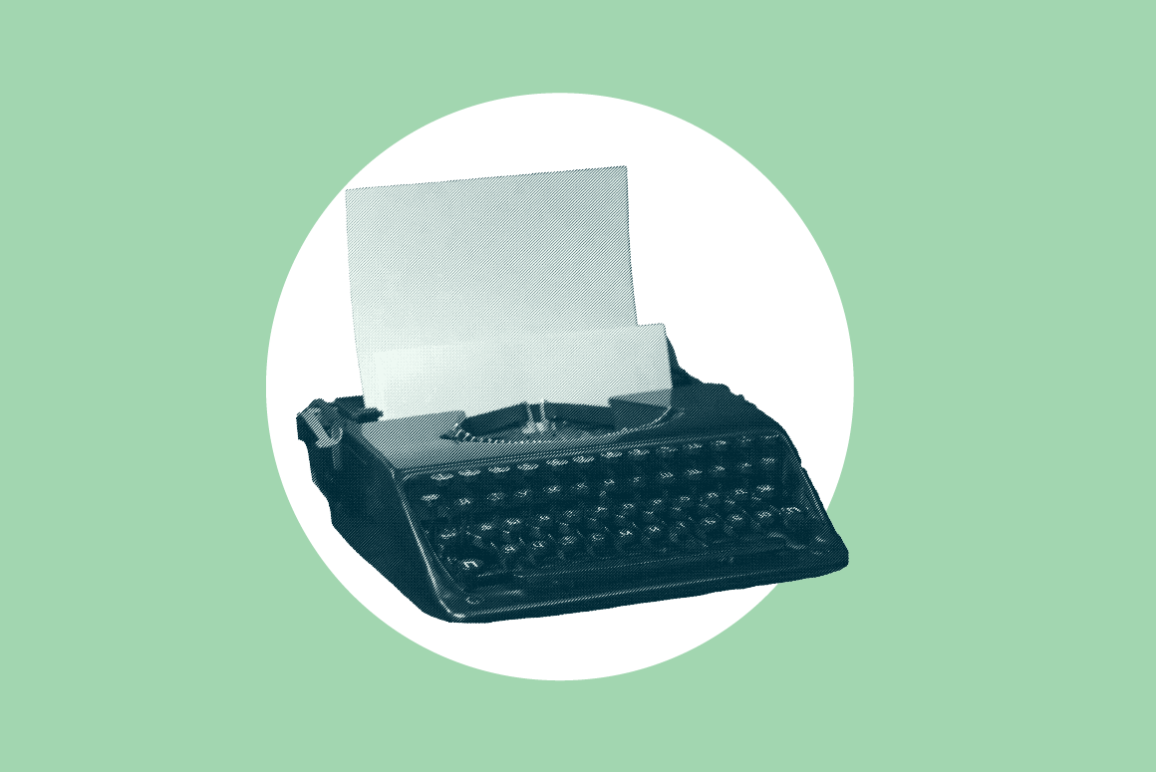 A green typewriter over a white circle and green background to signify CLR press