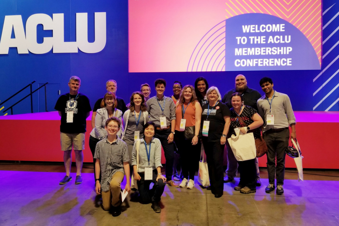 The ACLU of Virginia, along with 13-year-old activist Henry Haggard, against the stage at the ACLU National Membership Conference in Washington D.C. in the summer of 2018