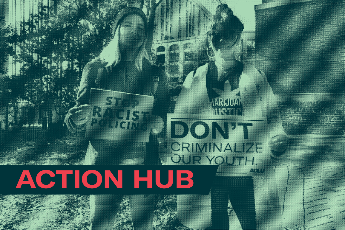 protesters holding signs that say "stop racist policing" and "don't criminalize our youth" in support of marijuana legalization