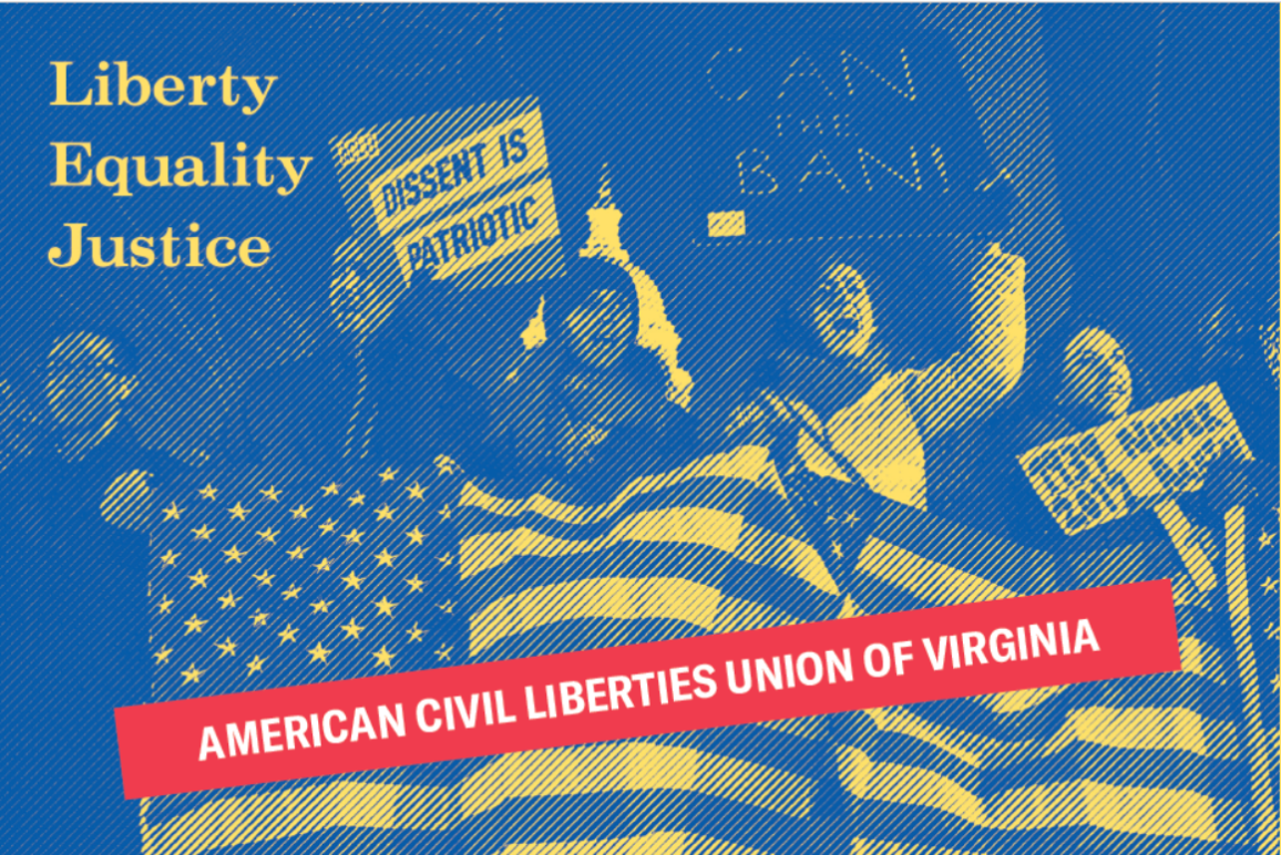 picture of protesters holding sign that say "Dissent is Patriotic." On the upper left corner, the text says "Liberty, Equality, Justice"