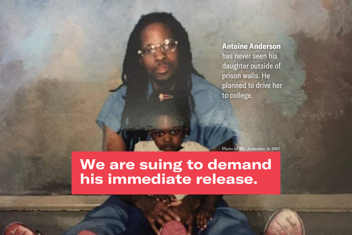 A photo of Antoine and his daughter, reading "We are suing for his immediate release."