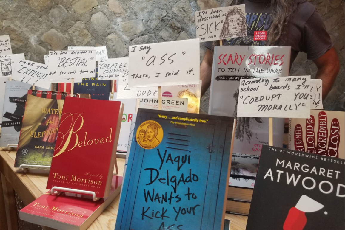 A display of banned books in which the books look like they are holding protest signs about the reasons why they were banned or challenged