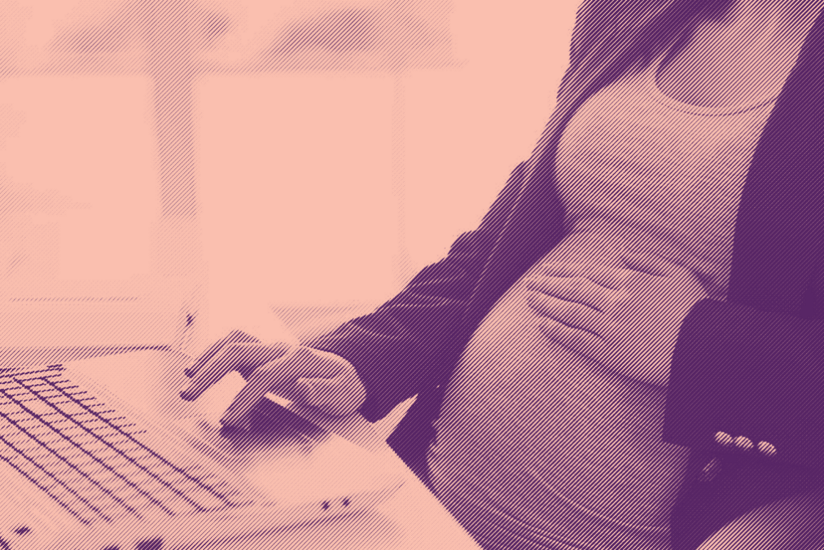 engraved photo of a pregnant woman working on a laptop