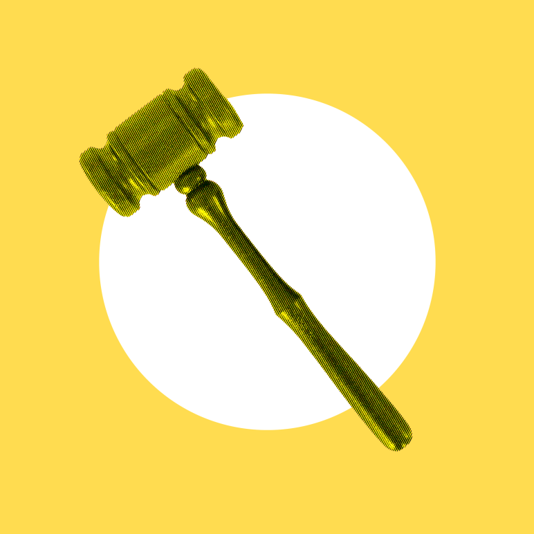 Yellow background with a white circle in the center. A yellow gavel is on top.
