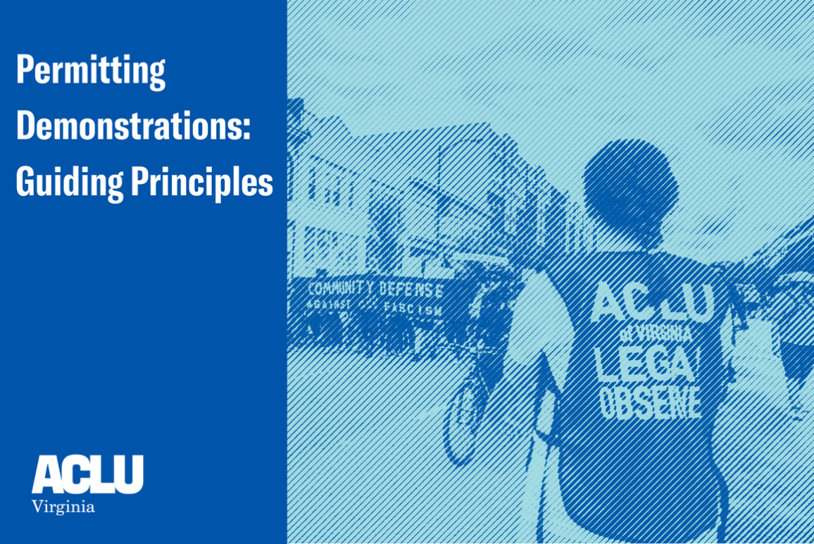 Front cover of our white paper entitled "Permitting Demonstrations: Guiding principles" with an engraved picture of our legal observer monitoring a protest in Richmond