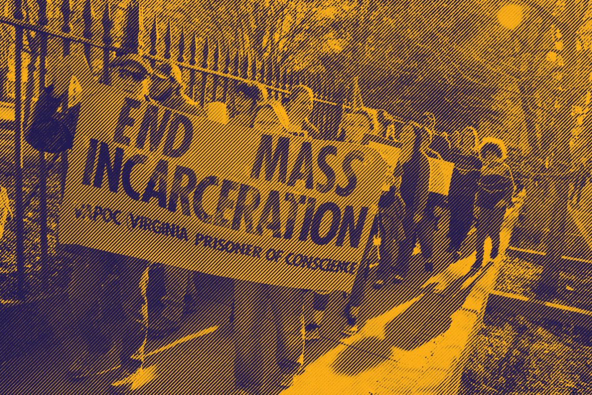 engraved photo of a group of protesters holding a sign that says "end mass incarceration"