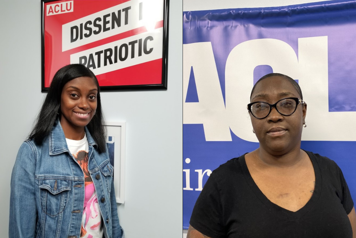 Picture of our clients Tyesha Brooks and Titalayo Shiyanbade, two black women. Tyesha is on the left with long hair, wearing a denim jacket and white t-shirt. Titi is on the right, with short hair (like a crew cut), wearing a black shirt.