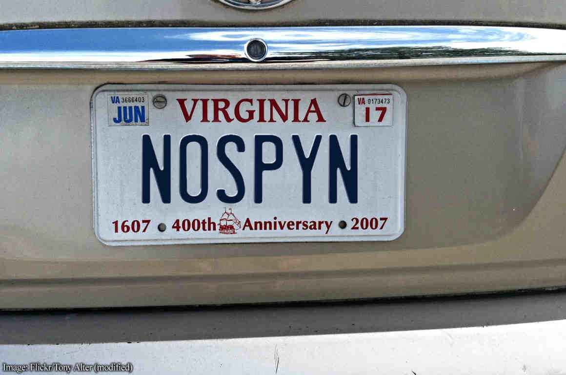 VA license plate that says no spyn