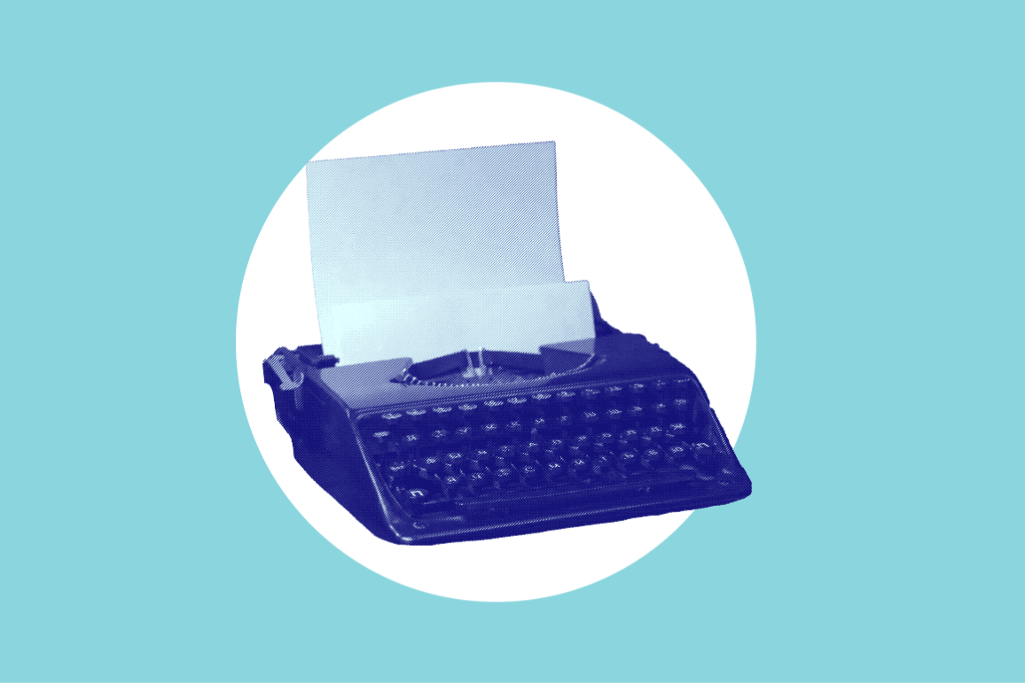 A typewrite in the center against an azure blue background