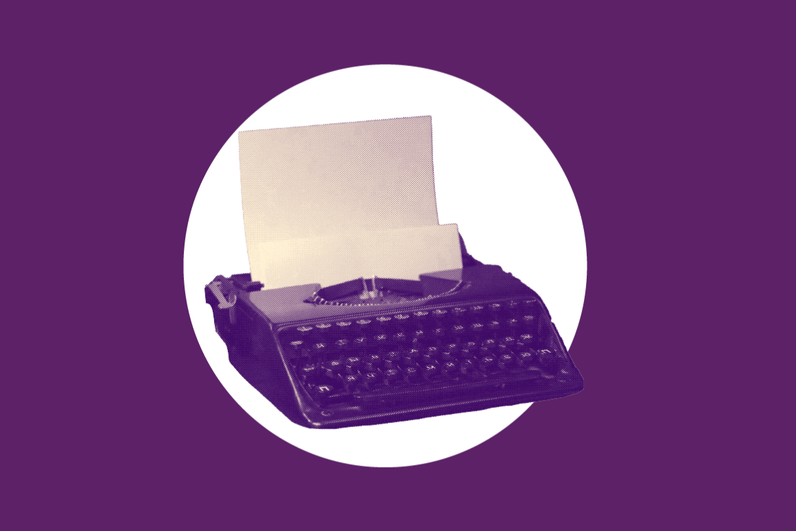A purple typewriter over a white circle and purple background to signify First Amendment rights press