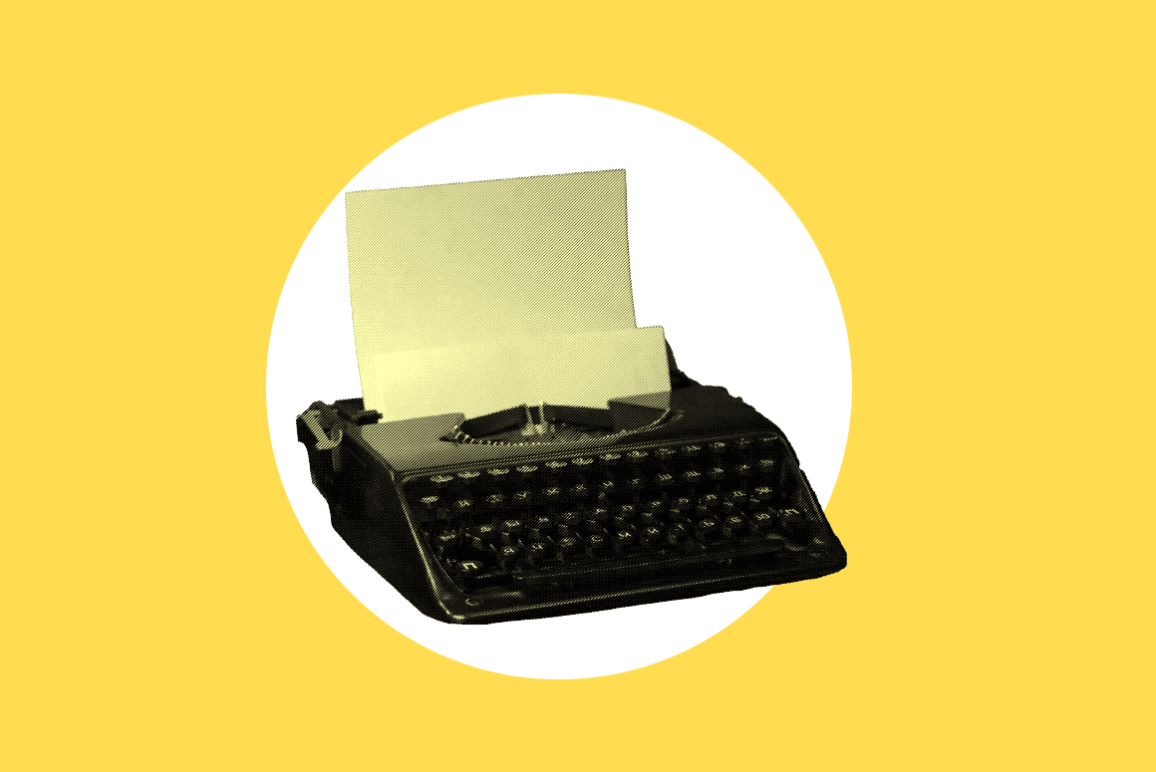 A yellow typewriter over a white circle and bright yellow background to signify immigrants' rights press