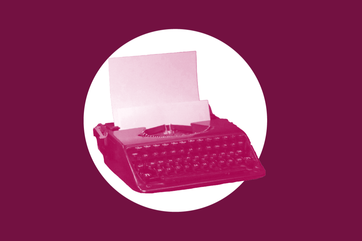 A bright maroon typewriter in front of a white circle and maroon background is used to signify reproductive rights press.
