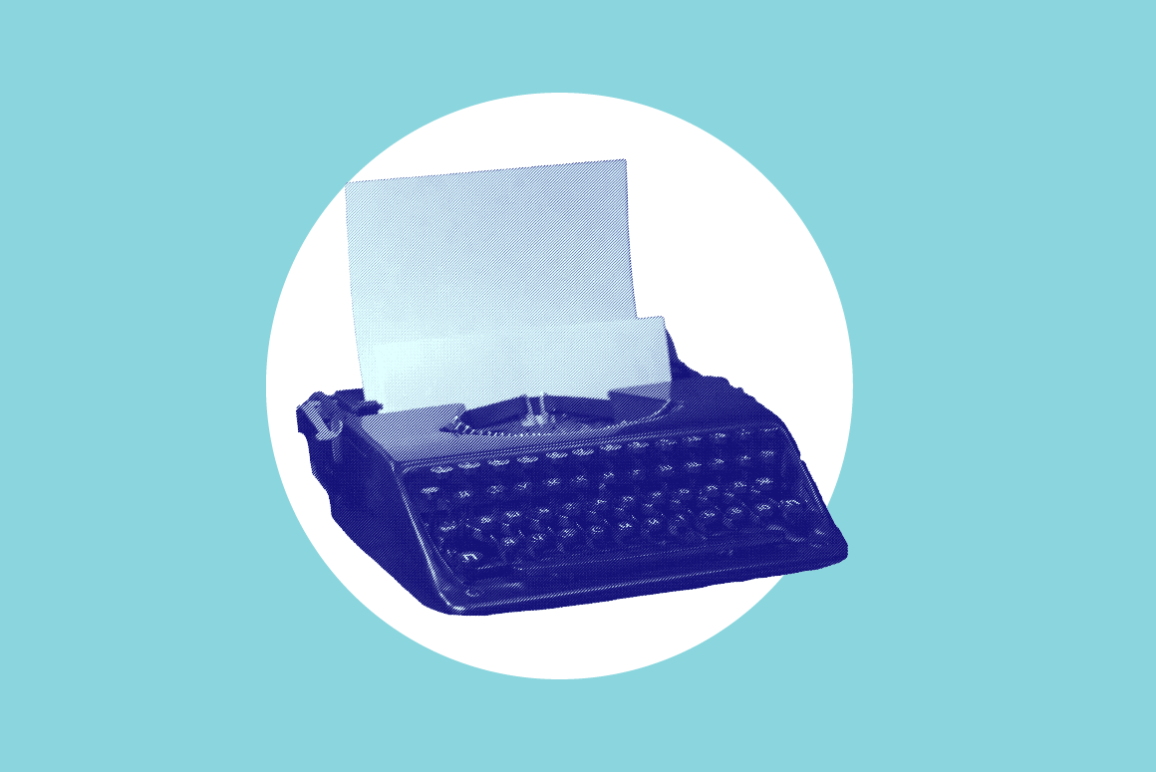 A dark blue typewriter is used in front of a white circle on a light blue background to signify voting rights press