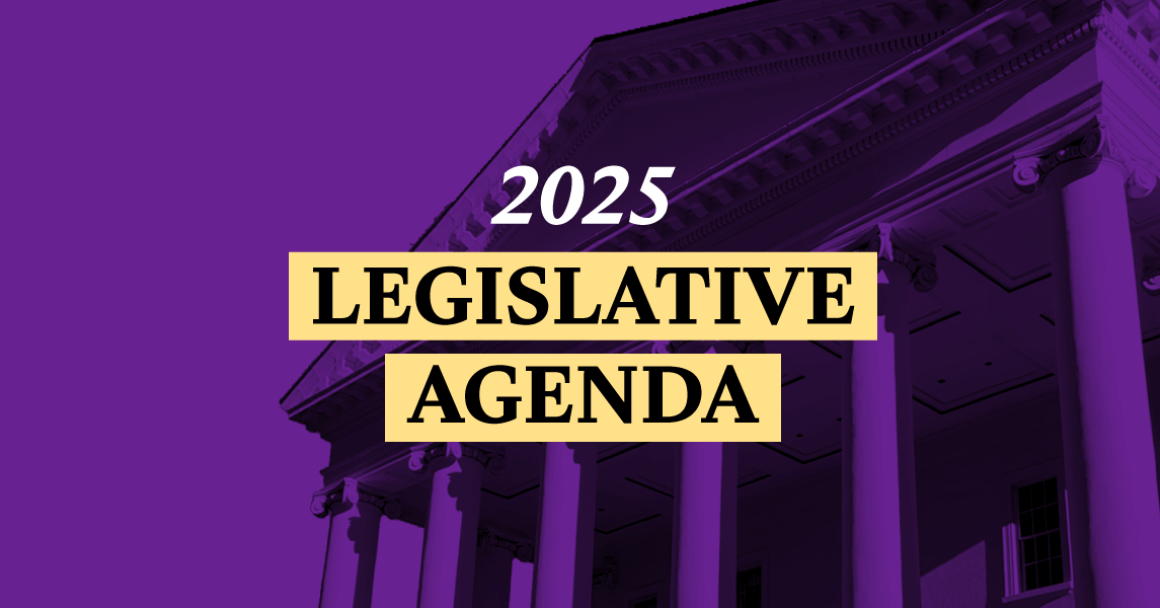 Over a purple monotone edit of the Virginia capitol building is bold text that says, "2025 Legislative Agenda."