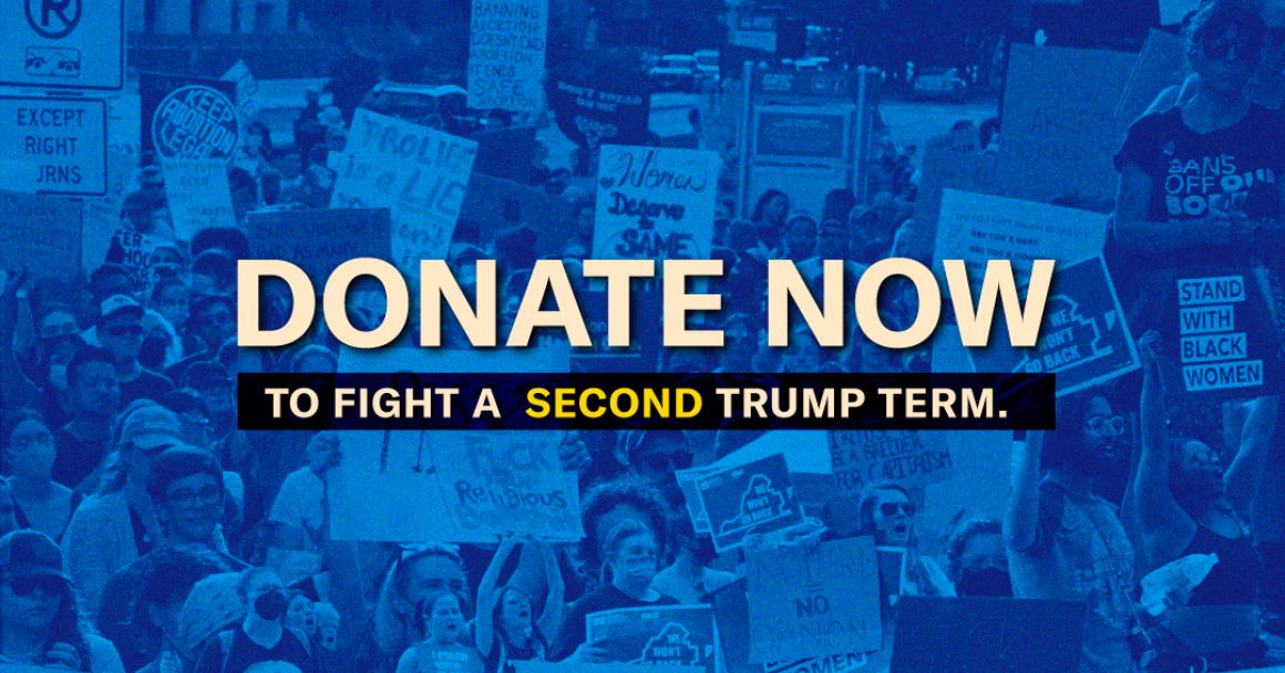 Text over a blue background filled with protest people that says "Donate now to fight a second Trump term." 