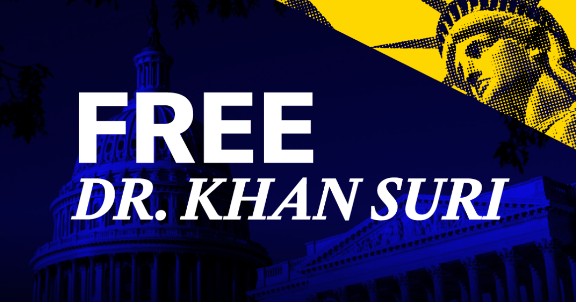 Over a dark blue background of the nation's capitol is the yellow graphic of the statue of liberty and text that says, "Free Dr. Suri."