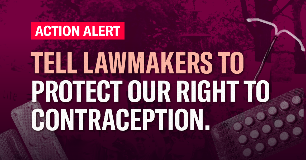 Over a dark maroon background that has an array of contraception assets is the following bolded text that says: "Tell Governor Youngkin to protect contraception access"