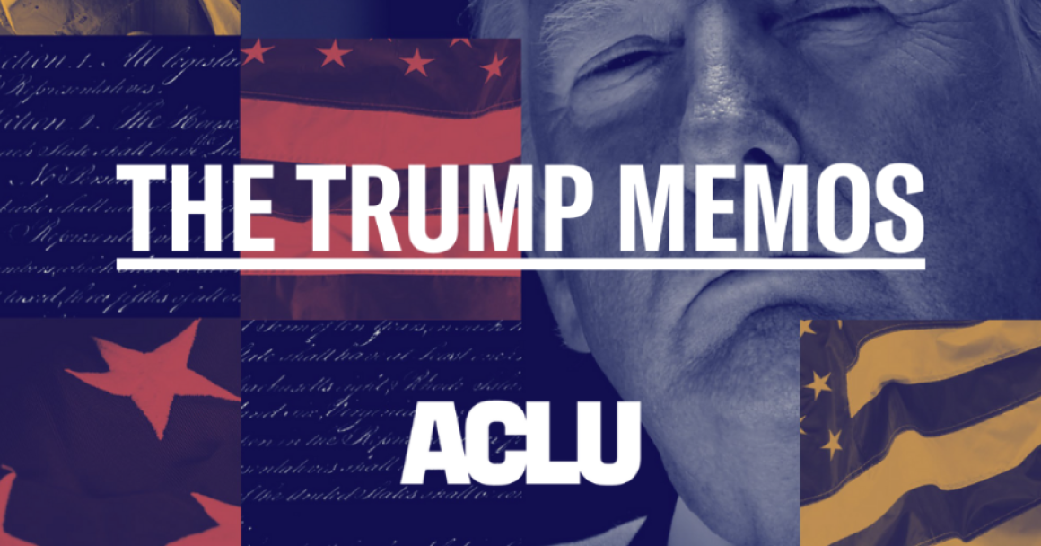 "The Trump Memos" appears over an image of President Trump's face and American flags