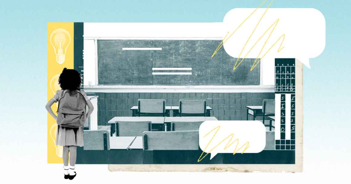 Collage-style graphic of a classroom with blackboard, chairs, tables, dialogue bubbles, and a student wearing backpack with their back to the viewer.