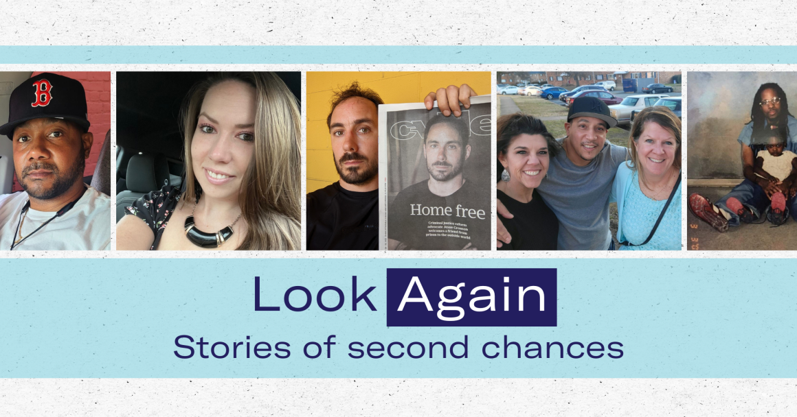 banner with photos of people featured in this storytelling series about second chances. Below the photos is the text "Look Again: Stories of second chances"