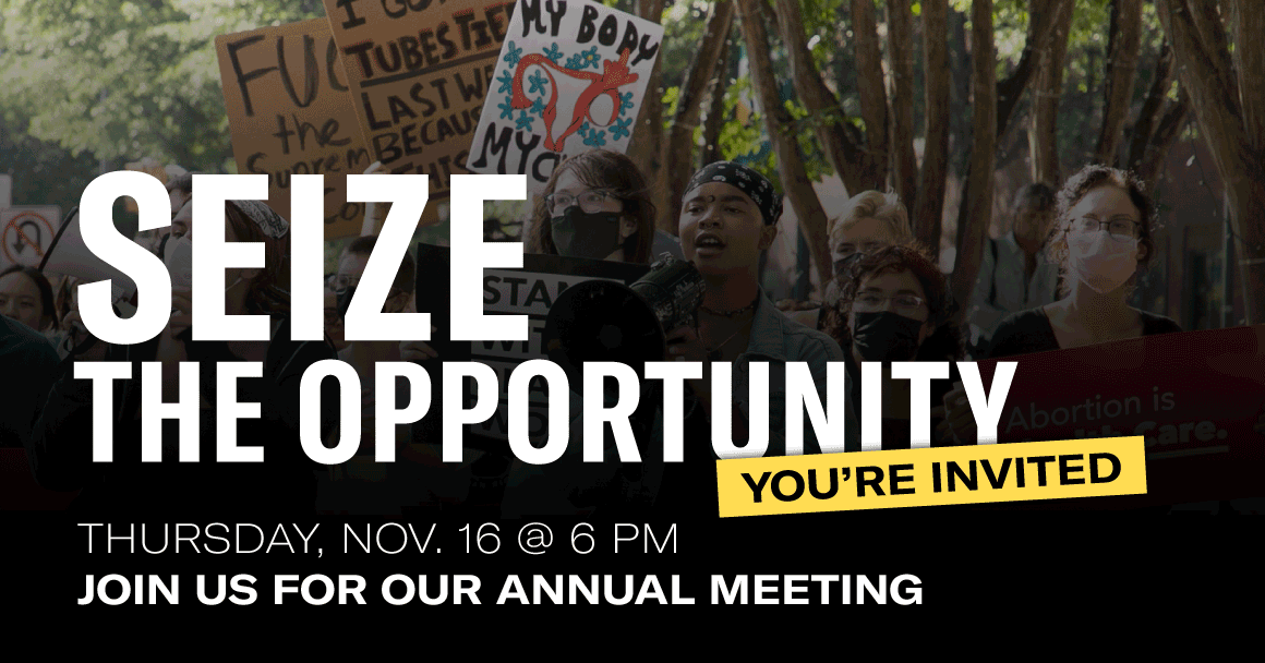 background of a protest photo with the following text in the foreground: "Seize the opportunity: Thursday November 16 @ 6 pm. Join us for our annual meeting."