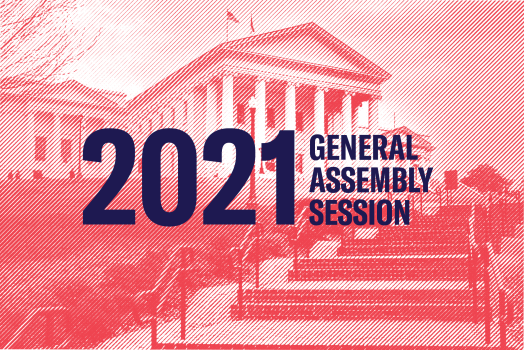 red background of the Virginia Capitol with the text 2021 General Assembly session