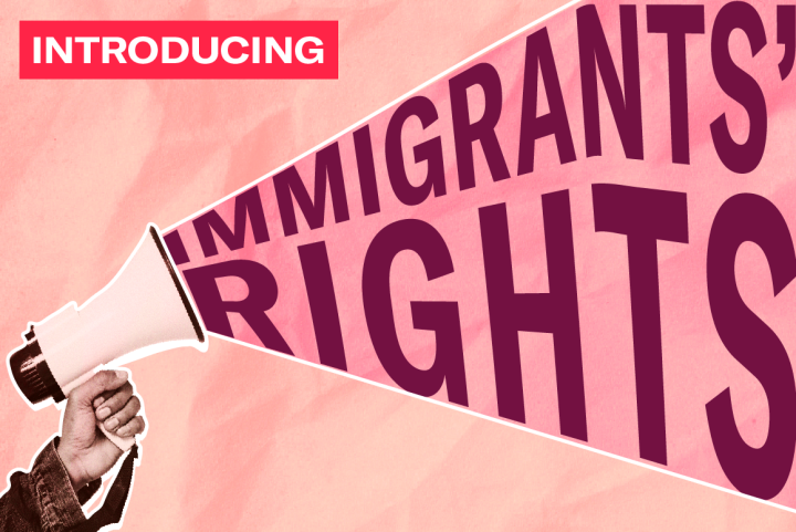 Pink background with a hand holding a megaphone with the text "immigrants' rights" coming out of the megaphone