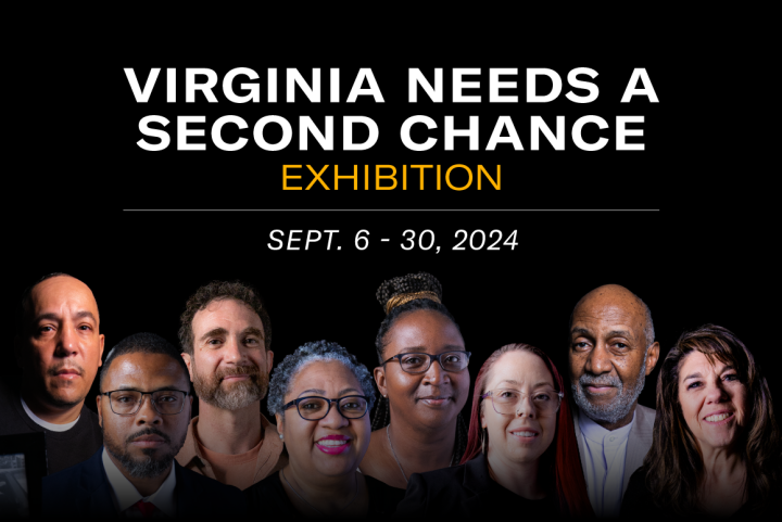 "Virginia needs a second chance" exhibition. September 6 to 30, 2024. Below are a diverse crowd of people.