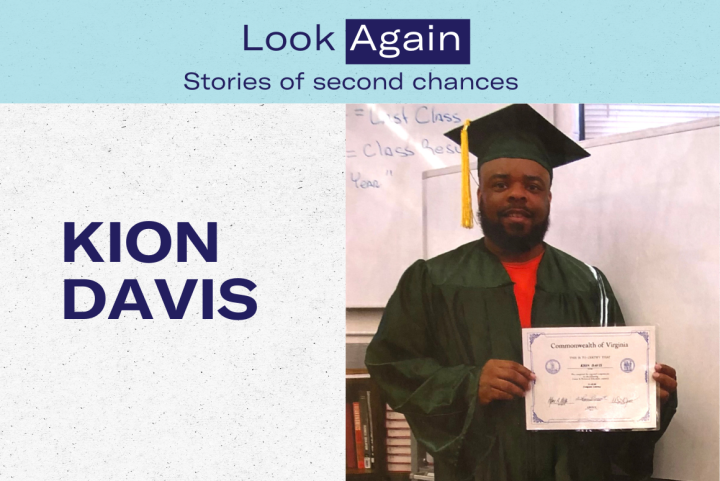 photo of Kion Davis wearing a graduation gown and hat holding his certificate