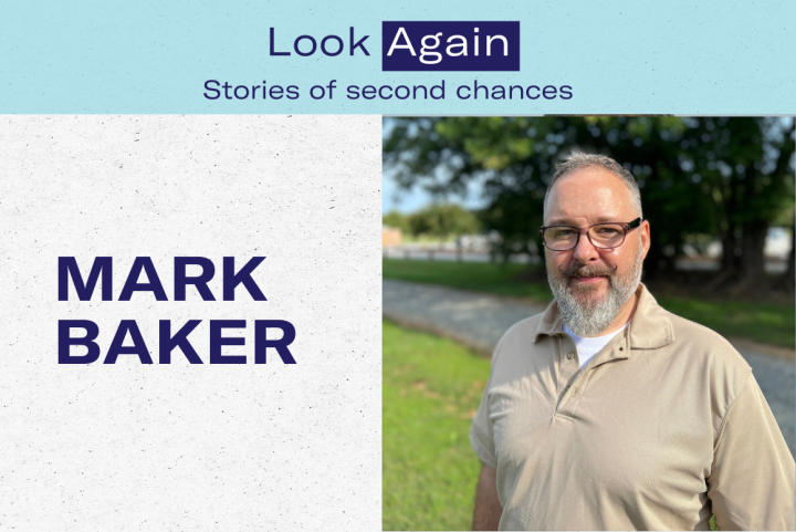 Look Again: Stories of Second Chances, Mark Baker, a white gendernonconforming person wearing glasses with short grey hair who just came home from prison.