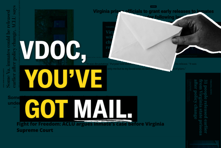 Text says: "VDOC, You've got mail." To the right is a hand with an envelope.