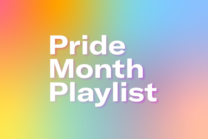 On a rainbow gradient background, the white text "Pride Month Playlist" is centered in the graphic.