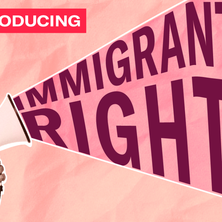 Pink background with a hand holding a megaphone with the text "immigrants' rights" coming out of the megaphone