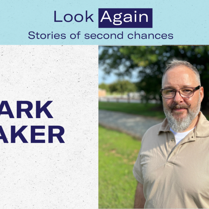 Look Again: Stories of Second Chances, Mark Baker, a white gendernonconforming person wearing glasses with short grey hair who just came home from prison.
