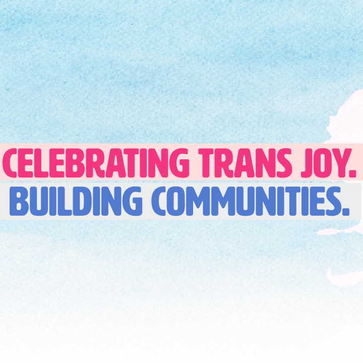 Over a cloudy background with a white rose etched into it, is bold text that says, "Celebrating trans joy. Building communities."