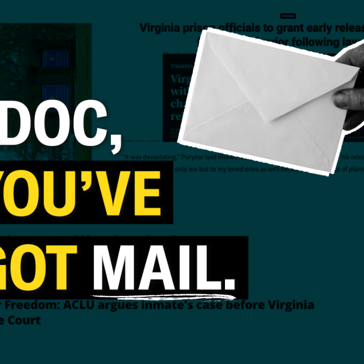 Text says: "VDOC, You've got mail." To the right is a hand with an envelope.