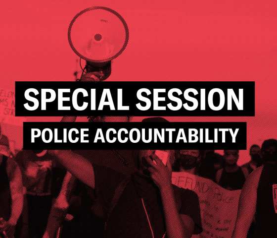 a graphic featuring protesters holding signs and megaphones with the text "special session, police accountability" in the center