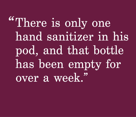 purple background with a quote that says "There is only one hand sanitizer in his pod, and that bottle has been empty for over a week."