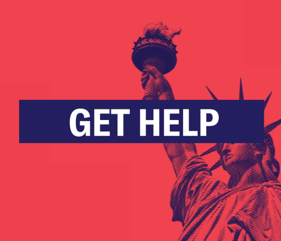 red back ground with the statue of liberty in the lower right corner, the text displayed is "Get Help"